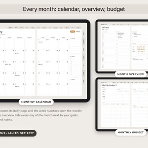 May include: A digital 2027 planner displayed on three screens showing a monthly calendar, a month overview, and a monthly budget. The interface features tabs for navigation, daily scheduling grids, habit trackers, and financial expense columns.