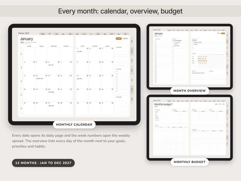 May include: A digital 2027 planner displayed on three screens showing a monthly calendar, a month overview, and a monthly budget. The interface features tabs for navigation, daily scheduling grids, habit trackers, and financial expense columns.