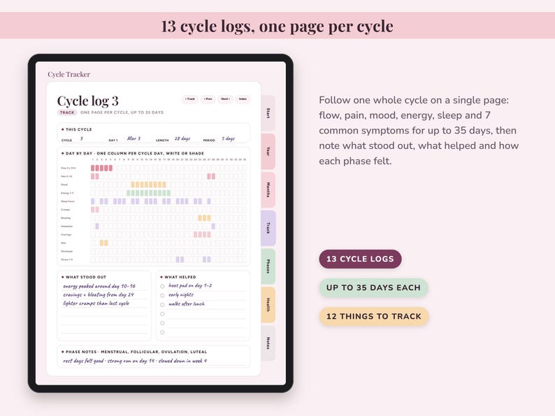 Cycle Tracker Journal Printable, Period Log, Menstrual Calendar, PMS Symptom Mood Planner, Undated Digital image 3