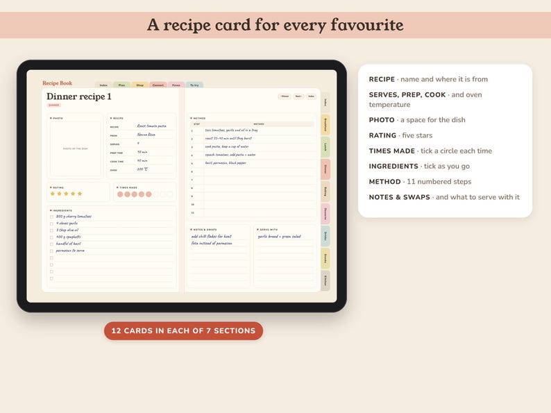 Digital Recipe Book, Hyperlinked Cookbook Template with 84 Cards, Meal Planner and Grocery List image 2