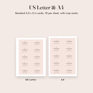K&ouml;nnte beinhalten: Zwei druckbare B&ouml;gen in den Formaten US Letter und A4, die jeweils zehn Visitenkarten mit den Ma&szlig;en 8,89 x 5,08 cm enthalten. Die Karten zeigen den Text Luna Hair Studio mit einem Scherensymbol und Schnittmarken auf hellrosa Grund.