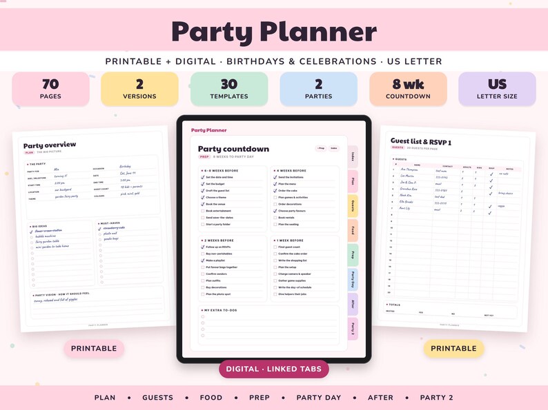 Party Planner Printable, Birthday Checklist, Guest List RSVP Tracker, Celebration Budget, Event Organizer Digital image 1