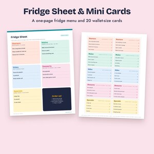 K&ouml;nnte beinhalten: Ein druckbares K&uuml;hlschrankblatt und zwanzig Mini-Karten im Brieftaschenformat mit farbigen Abschnitten f&uuml;r Vorspeisen, Hauptgerichte, Beilagen, Desserts und Specials. Der Text enth&auml;lt &Uuml;berschriften wie Fridge Sheet & Mini Cards, A one-page fridge menu and 20 wallet-size cards und Order up! mit nummerierten Anweisungen.