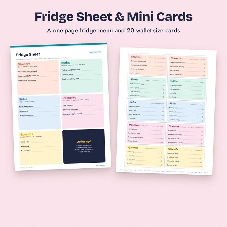 K&ouml;nnte beinhalten: Ein druckbares K&uuml;hlschrankblatt und zwanzig Mini-Karten im Brieftaschenformat mit farbigen Abschnitten f&uuml;r Vorspeisen, Hauptgerichte, Beilagen, Desserts und Specials. Der Text enth&auml;lt &Uuml;berschriften wie Fridge Sheet & Mini Cards, A one-page fridge menu and 20 wallet-size cards und Order up! mit nummerierten Anweisungen.