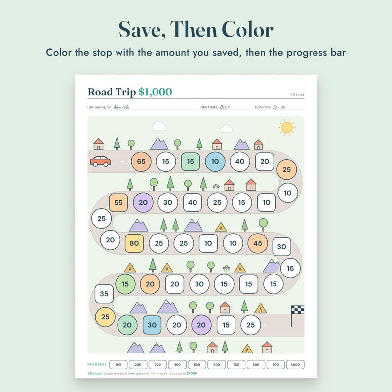 Savings Challenge Printable, Road Trip Map Color In Tracker, 500 to 10000, Letter A4 imagen 4