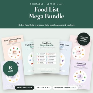 Utskrivbart paket med matlistor, 8 dietlistor för mat, diabetes, medelhavsmat, låg-FODMAP, A4-format bild 1