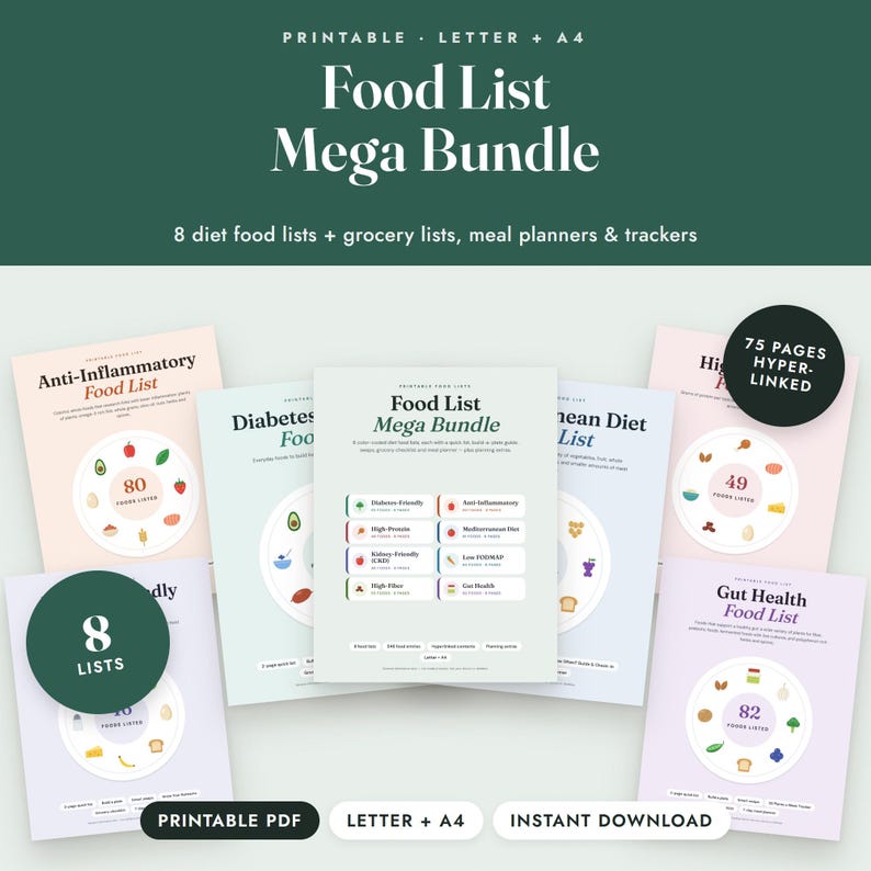 Utskrivbart paket med matlistor, 8 dietlistor för mat, diabetes, medelhavsmat, låg-FODMAP, A4-format bild 1