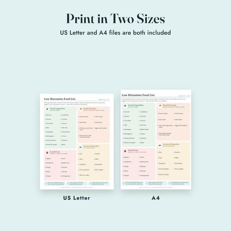 Low Histamine Food List Printable, Histamine Diet Grocery List, Food Diary, Letter A4 imagen 9