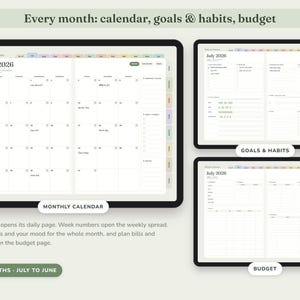 May include: A digital planner interface displaying a July 2026 monthly calendar, a goals and habits tracker, and a budget page. The layout features pastel-colored tabs, organized columns for daily tasks, habit tracking grids, and financial planning sections.