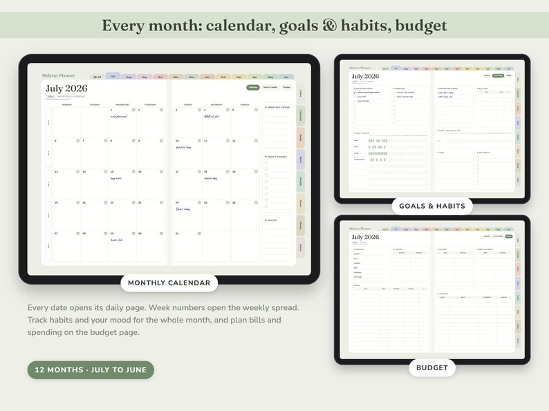 May include: A digital planner interface displaying a July 2026 monthly calendar, a goals and habits tracker, and a budget page. The layout features pastel-colored tabs, organized columns for daily tasks, habit tracking grids, and financial planning sections.