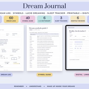 Dream Journal Printable, Lucid Dreaming Log, Symbol Dictionary, Sleep Tracker, Undated Digital Diary image 1