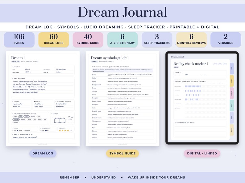 Dream Journal Printable, Lucid Dreaming Log, Symbol Dictionary, Sleep Tracker, Undated Digital Diary image 1