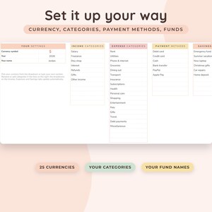 May include: A digital budget planner interface titled Set it up your way, featuring columns for currency, income categories, expense categories, payment methods, and savings. The layout includes fields for currency symbol, year 2026, and name.