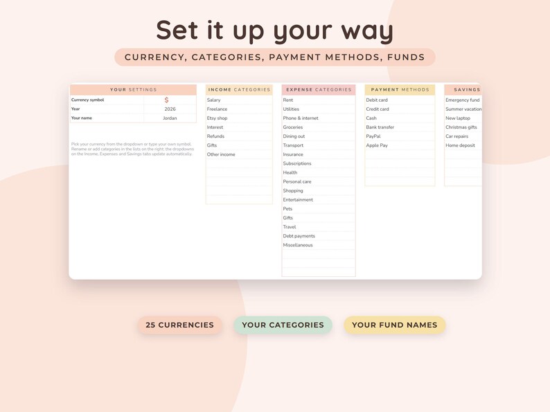 May include: A digital budget planner interface titled Set it up your way, featuring columns for currency, income categories, expense categories, payment methods, and savings. The layout includes fields for currency symbol, year 2026, and name.