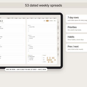 May include: A digital planner displayed on a tablet screen showing a weekly spread for 2027. The layout includes 53 dated weekly spreads, 7 day rows, a priorities section, a habit tracker, and navigation links for previous and next weeks.