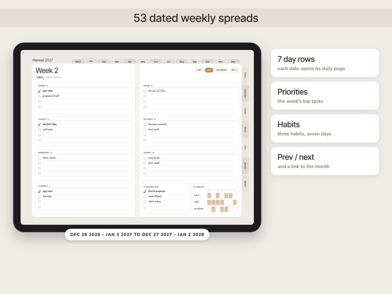 May include: A digital planner displayed on a tablet screen showing a weekly spread for 2027. The layout includes 53 dated weekly spreads, 7 day rows, a priorities section, a habit tracker, and navigation links for previous and next weeks.