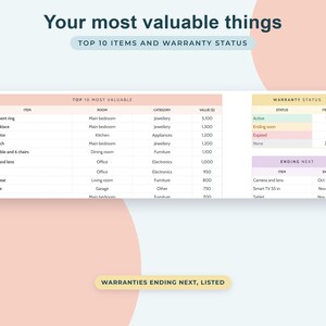 Foglio di calcolo per l'inventario domestico su Google Sheets, registro assicurativo, organizzatore per il trasloco, monitoraggio delle garanzie, elenco degli oggetti domestici immagine 4