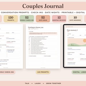 Diario di coppia stampabile, quaderno di esercizi per la relazione, 120 spunti di conversazione, idee per serate romantiche, check-in settimanale immagine 1