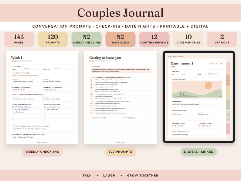 Diario di coppia stampabile, quaderno di esercizi per la relazione, 120 spunti di conversazione, idee per serate romantiche, check-in settimanale immagine 1