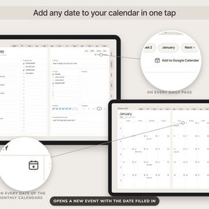 May include: A digital planner displayed on two tablets showing a daily schedule and a monthly calendar. The interface includes an Add to Google Calendar button on daily pages and a calendar icon on monthly dates to open new events with dates filled in.