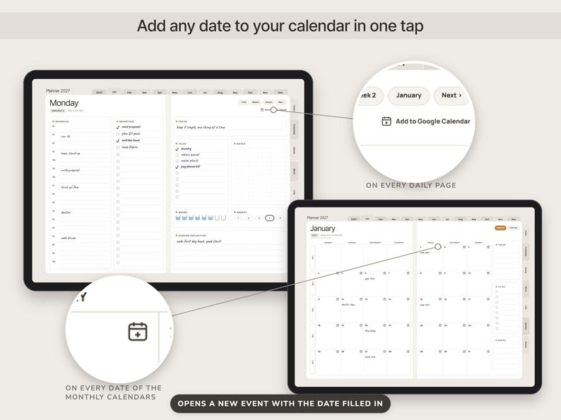 May include: A digital planner displayed on two tablets showing a daily schedule and a monthly calendar. The interface includes an Add to Google Calendar button on daily pages and a calendar icon on monthly dates to open new events with dates filled in.