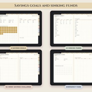 May include: Four digital planner screens displaying financial tracking templates. The layouts include Savings Goal 1, Sinking Funds 1, 52-Week Savings, and Emergency Fund. Each page features tables, grids, and text fields for tracking monetary progress.