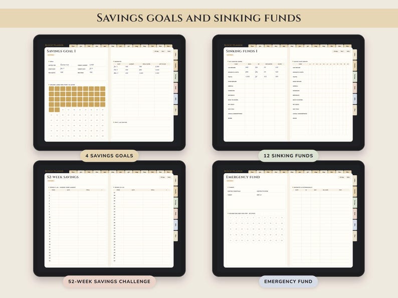 May include: Four digital planner screens displaying financial tracking templates. The layouts include Savings Goal 1, Sinking Funds 1, 52-Week Savings, and Emergency Fund. Each page features tables, grids, and text fields for tracking monetary progress.