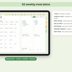 Puede incluir: Una tableta digital que muestra una interfaz de planificador de comidas con 52 planes semanales. La pantalla presenta una cuadr&iacute;cula semanal para desayuno, almuerzo, cena y meriendas, junto a secciones para presupuesto y listas de compras.