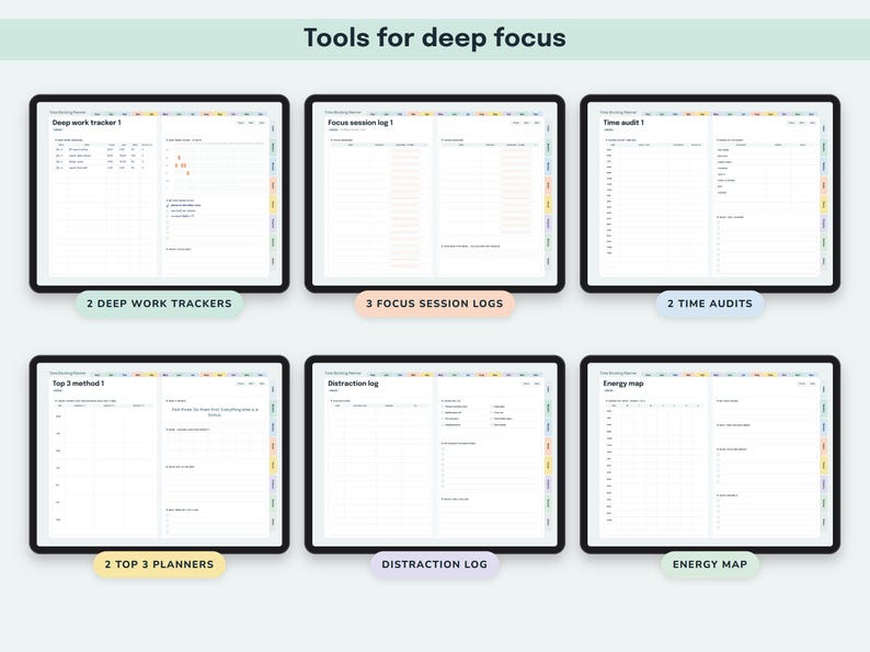 Time Blocking Planner Digital, Undated Productivity Journal, Hourly Schedule, Priority Matrix, Focus Session Log image 6