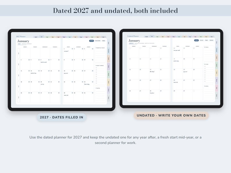 Digital Planner 2027 and Undated, Hyperlinked Daily Weekly Monthly Pages, Dusty Blue Landscape Journal image 2