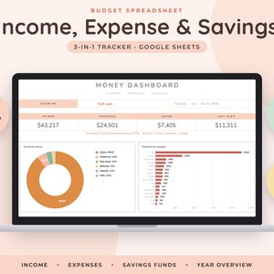 May include: A digital budget spreadsheet displayed on a laptop screen titled Money Dashboard. It features sections for income, expenses, and savings, including a pie chart for income sources, a bar graph for expense categories, and a 12-month overview.