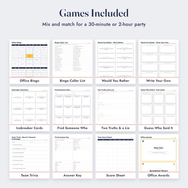 Ensemble de jeux pour fêtes de bureau : bingo, brise-glace, quiz d’équipe, récompenses professionnelles à imprimer image 3