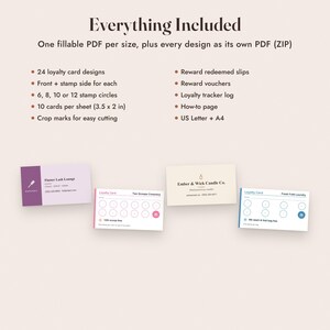 K&ouml;nnte beinhalten: Ein digitales Produktset mit Treuekarten-Vorlagen, inklusive 24 Designs, Belohnungsscheinen, Gutscheinen und einem Tracker-Log. Enth&auml;lt ausf&uuml;llbare PDFs, 10 Karten pro 8,89 x 5,08 cm Blatt, Schnittmarken sowie US Letter und A4 Formatoptionen.