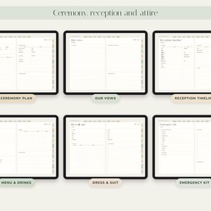 May include: A digital wedding planner interface featuring six distinct pages titled Ceremony plan, Our vows, Reception timeline, Menu & drinks, Dress & suit, and Emergency kit. Each page displays organized lists, checkboxes, and fields for event details.