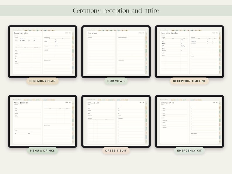 May include: A digital wedding planner interface featuring six distinct pages titled Ceremony plan, Our vows, Reception timeline, Menu & drinks, Dress & suit, and Emergency kit. Each page displays organized lists, checkboxes, and fields for event details.