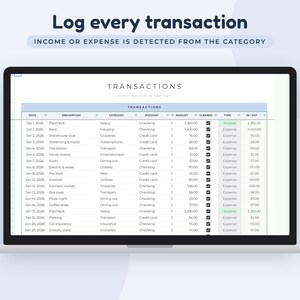 May include: A laptop screen displaying a digital financial transaction log spreadsheet. The interface includes columns for date, description, category, account, amount, cleared status, type, and in/out. Text includes Log every transaction.