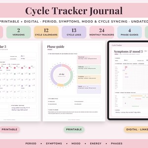Cycle Tracker Journal Printable, Period Log, Menstrual Calendar, PMS Symptom Mood Planner, Undated Digital image 1