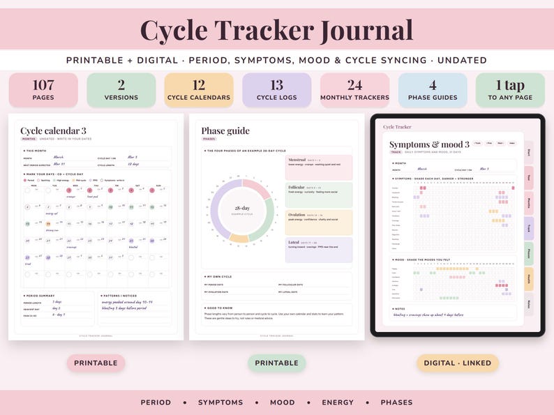 Cycle Tracker Journal Printable, Period Log, Menstrual Calendar, PMS Symptom Mood Planner, Undated Digital image 1