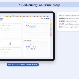 May include: A digital habit journal displayed on a tablet screen, featuring a February wellness page with trackers for mood, energy, water, and sleep. The interface includes a color key, monthly tabs, and text labels such as Mood, energy, water and sleep.