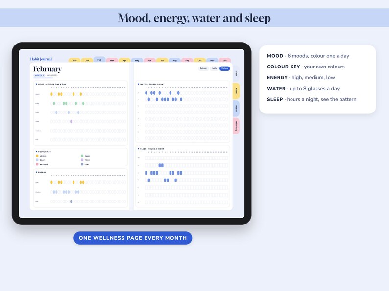 May include: A digital habit journal displayed on a tablet screen, featuring a February wellness page with trackers for mood, energy, water, and sleep. The interface includes a color key, monthly tabs, and text labels such as Mood, energy, water and sleep.