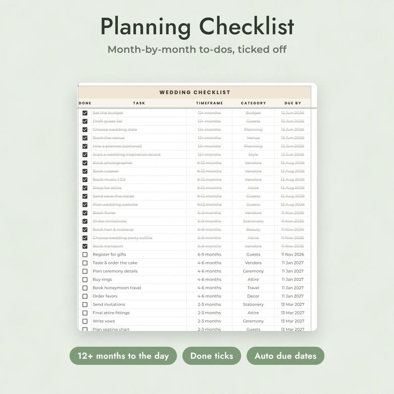 Wedding Planner Spreadsheet Google Sheets, Guest List RSVP Tracker, Seating Chart, Checklist, Sage Design image 6