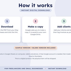 May include: An instructional graphic titled How it works, Instant Digital Download. Three numbered steps: 1 Download, 2 Make a copy, 3 Add clients. Includes text: Sample version + blank version included. Works in Google Sheets on computer, tablet and phone.