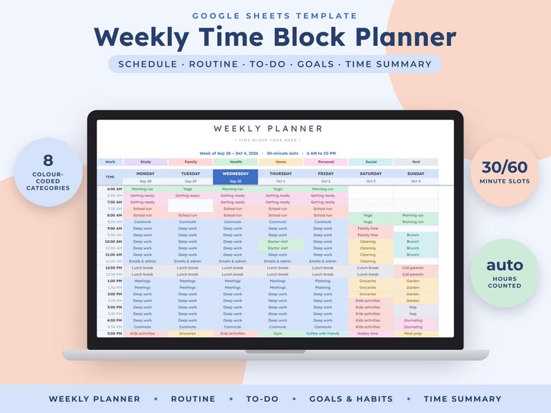 Weekly Planner Google Sheets, Time Block Schedule, Routine Template, To Do List, Habit Tracker image 1