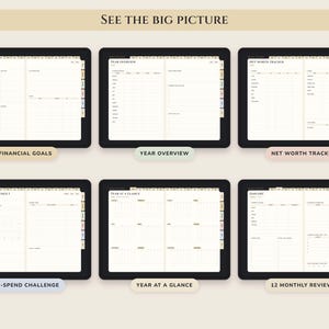 May include: A digital planner displayed on six screens featuring financial tracking templates. The pages include Financial Goals, Year Overview, Net Worth Tracker, No-Spend Challenge, Year at a Glance, and 12 Monthly Reviews with organized grids, columns, and text labels.