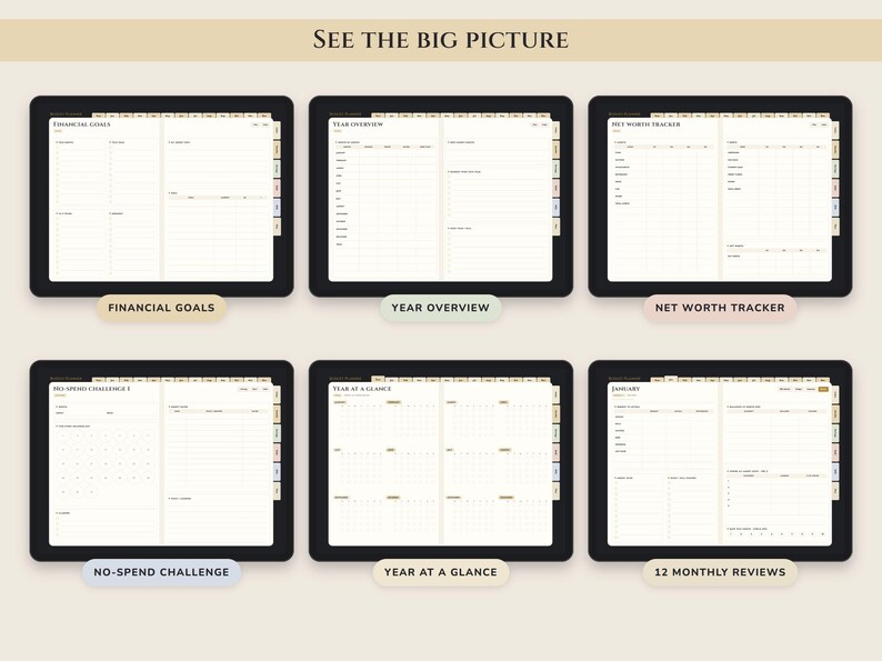 May include: A digital planner displayed on six screens featuring financial tracking templates. The pages include Financial Goals, Year Overview, Net Worth Tracker, No-Spend Challenge, Year at a Glance, and 12 Monthly Reviews with organized grids, columns, and text labels.