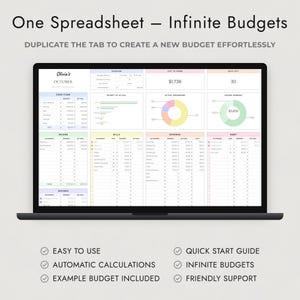 May include: A digital budget spreadsheet displayed on a laptop screen, featuring sections for cash flow, income, bills, expenses, debt, and savings. The dashboard includes colorful charts, tables, and the text 'One Spreadsheet &ndash; Infinite Budgets'.