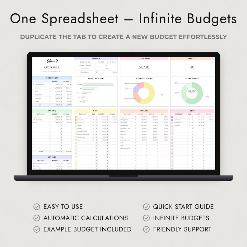 May include: A digital budget spreadsheet displayed on a laptop screen, featuring sections for cash flow, income, bills, expenses, debt, and savings. The dashboard includes colorful charts, tables, and the text 'One Spreadsheet &ndash; Infinite Budgets'.