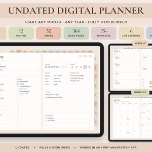 Undated Digital Planner, Hyperlinked Daily Weekly Monthly Pages, Boho Landscape Journal with Habit Tracker image 1