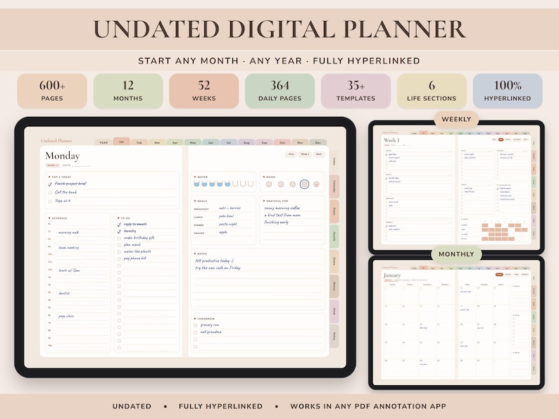 Undated Digital Planner, Hyperlinked Daily Weekly Monthly Pages, Boho Landscape Journal with Habit Tracker image 1