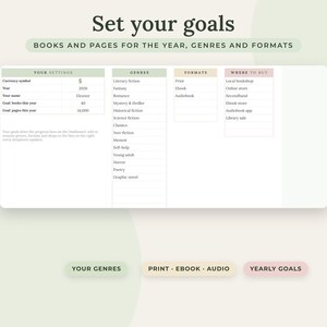 May include: A digital reading tracker template titled Set your goals, featuring sections for settings, genres, formats, and where to buy. The layout includes columns for book and page goals, lists of literary categories, and navigation buttons at the bottom.